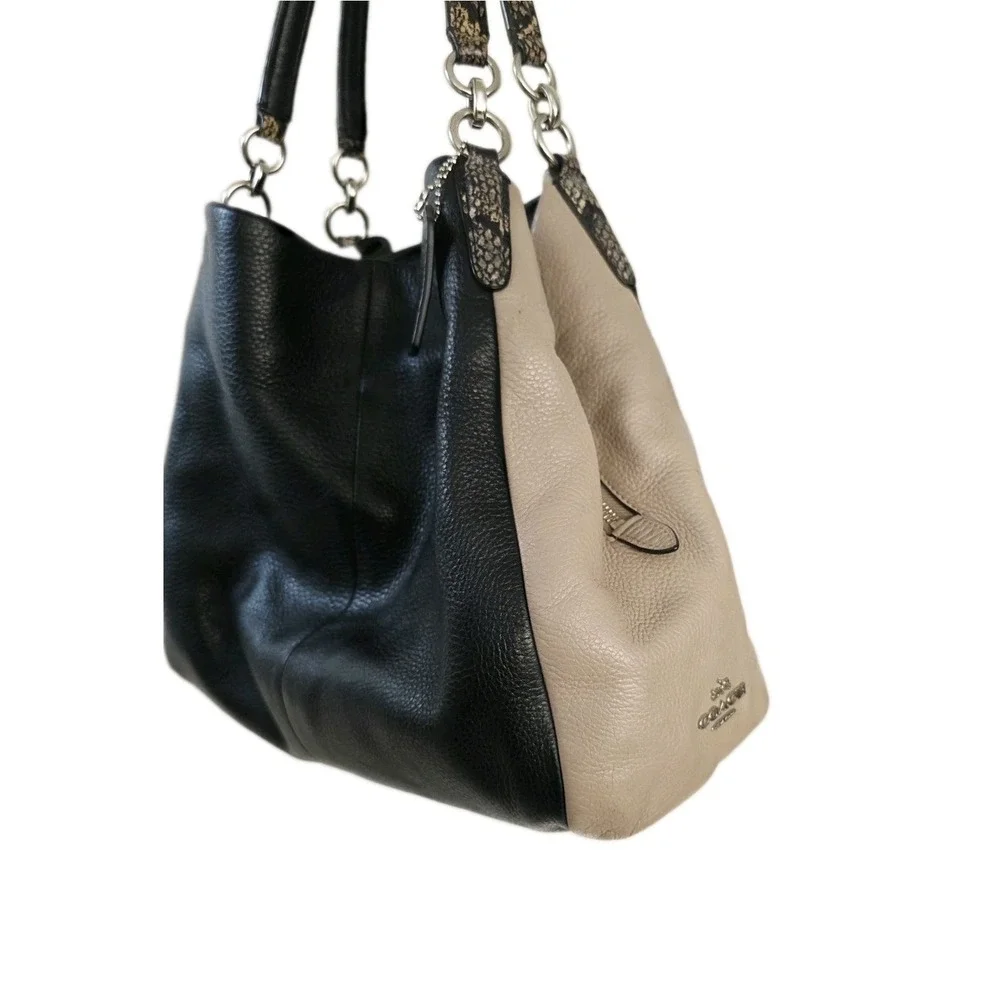 Coach Phoebe Leather Black & Tan Shoulder Bag With Exotic Trim